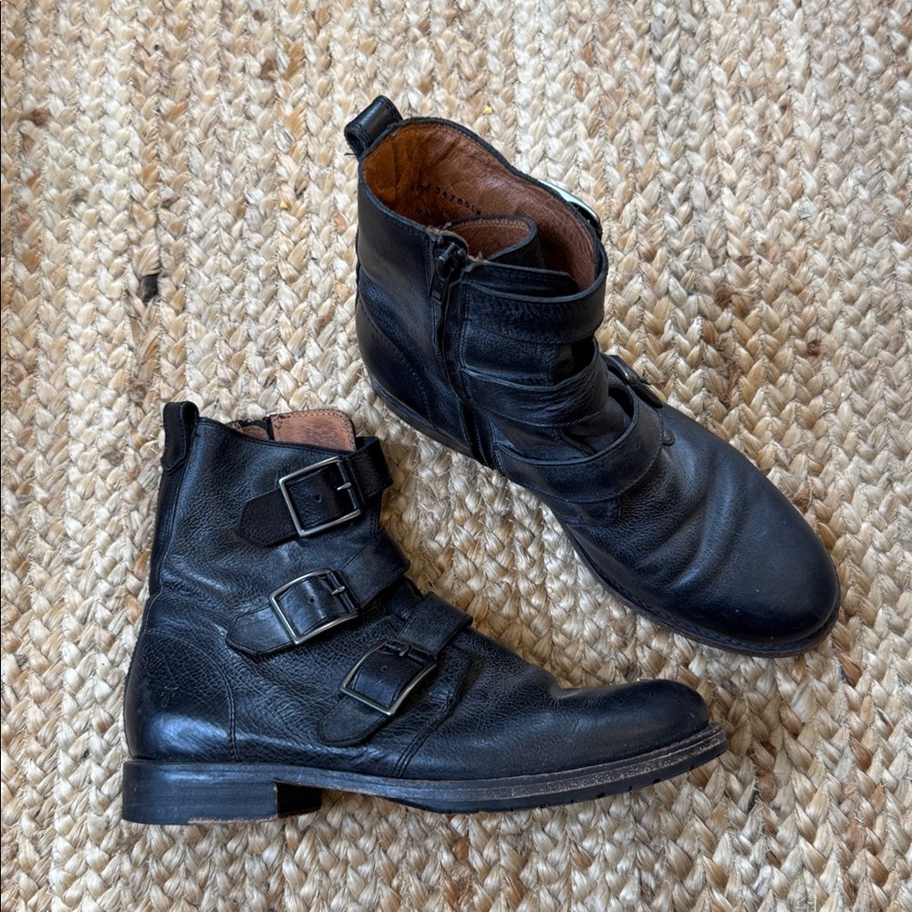 Frye 8.5B Black Combat Buckle Moto Boots Leather Womens